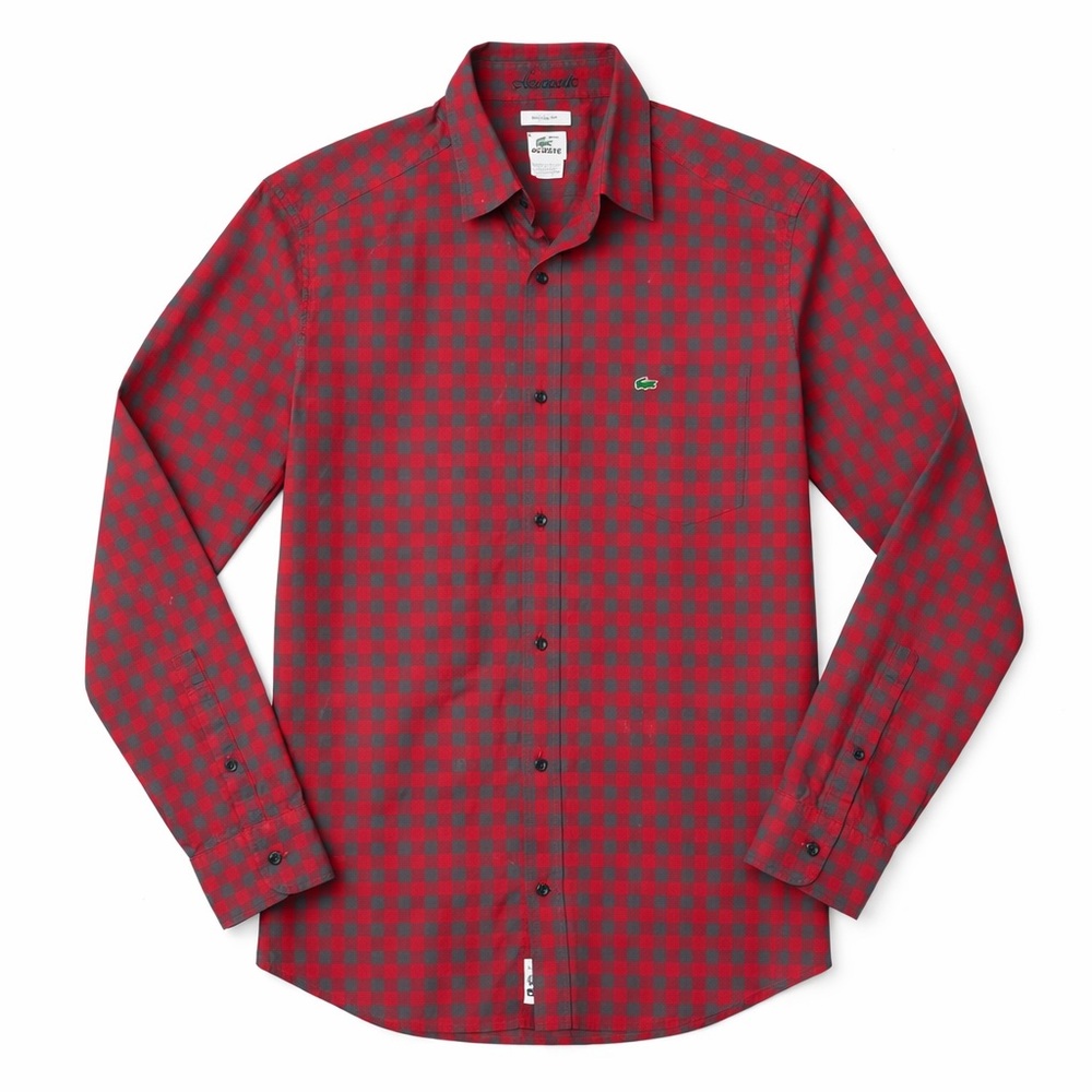 Lacoste Red‎ Gray Check Button Down Shirt Modern Fit Classic Preppy  sz 38
